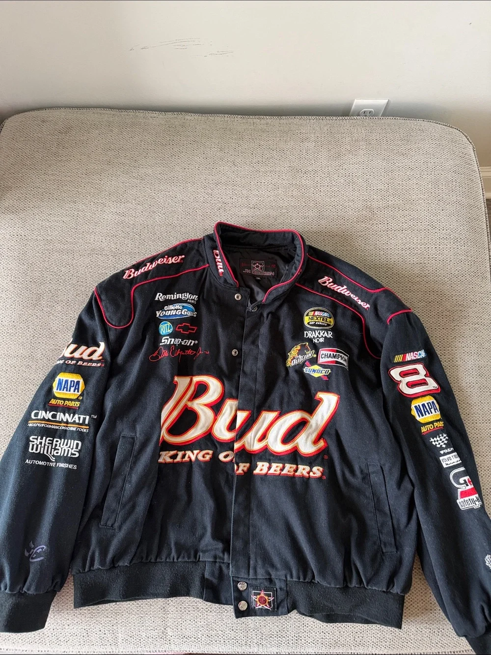 Budweiser Black Racing Patch Bomber Jacket with Red Trim